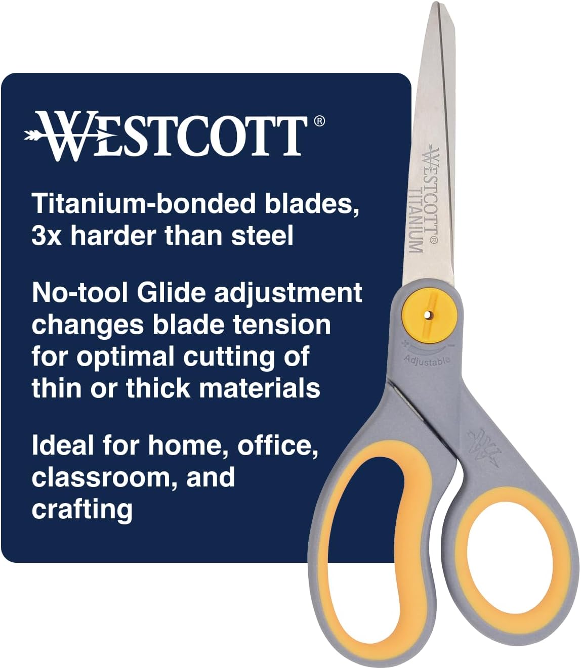 Westcott 8-Inch Titanium-Bonded Scissors with Adjustable Glide Feature for Office and Home - Gray/Yellow