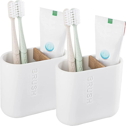 Toothbrush Holders Bamboo Electric Toothbrush Holder Bathroom Storage Organizer Countertop for Toothpaste, Floss, Razor, 2 Pack White