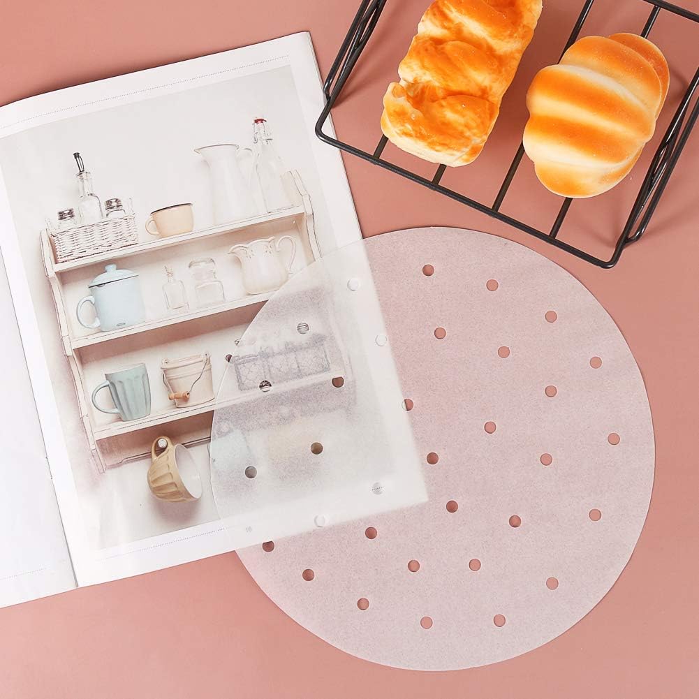 10 Inch Air Fryer Liners, Set of 200, Bamboo Steamer Liners/Dumpling Steamer Paper/Perforated Air Fryer Parchment Paper Sheet for Airfryer, Steaming Basket and More