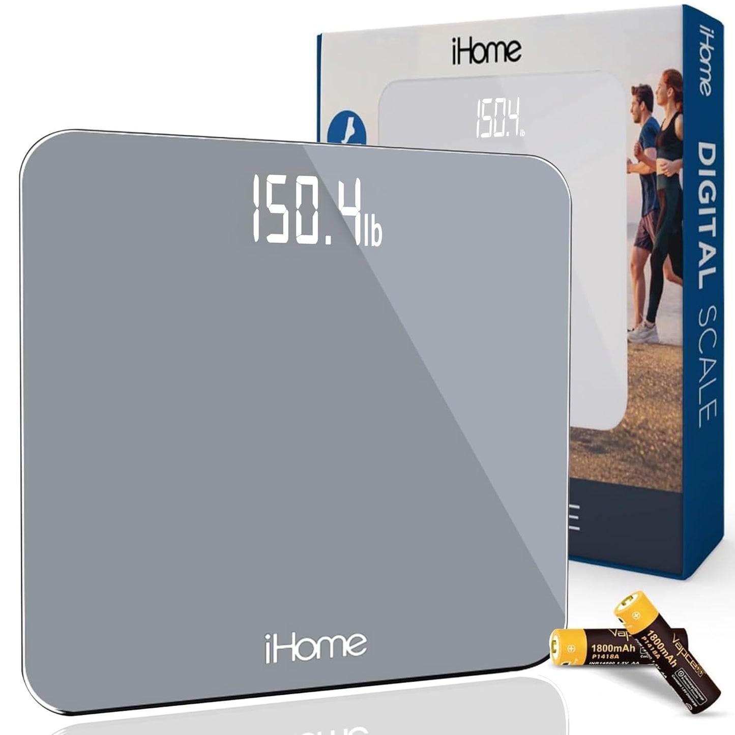 iHome Digital Scale, Bathroom Scale, Batteries Included, Scale Body Weight, Weight Scale, Digital Scale, Bathroom Scales for Weight, Digital Scales for Body Weight (Grey)