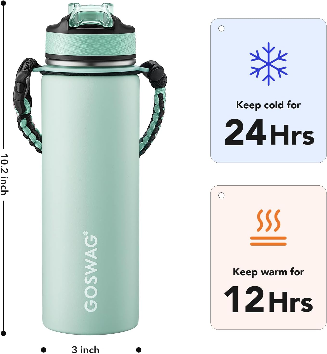 GOSWAG Insulated Sports Water Bottle, 24oz 2 Lids(with Straw/No Straw), Stainless Steel Water Bottles with Paracord Handle, Insulated Bottle with Double-Wall Vacuum Insulation
