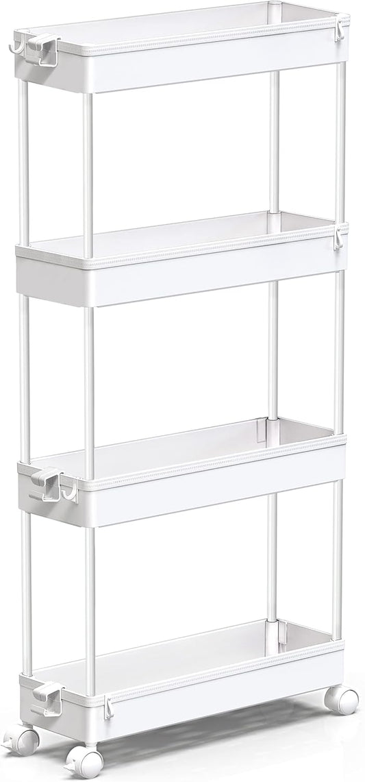 SPACEKEEPER Slim Rolling Storage Cart 4 Tier Bathroom Organizer Mobile Shelving Unit Utility Cart Tower Rack for Kitchen Laundry Narrow Places, White