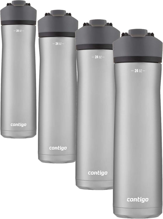 Contigo Water Bottle Vacuum-Insulated Stainless Steel 24oz | AUTOSEAL Technology | Cold 24 Hours | Button Lock | Pack of 4