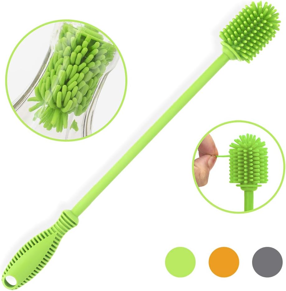 Silicone Bottle Cleaning Brush with Long Handle, 12.5" Water Bottle Cleaner for Baby Bottles, Hydro Flask, Sports Bottle, Vase, Glassware, Perfect for Smaller Diameter Bottle Openings (One Pack)