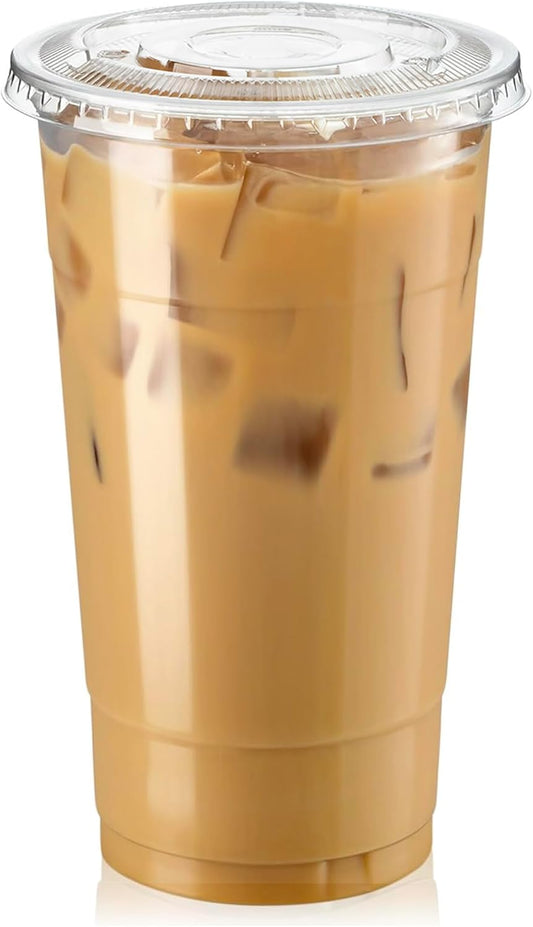 Fit Meal Prep 100 Pack 32 oz Clear Plastic Cups with Flat Lids, Disposable Iced Coffee Cups, BPA Free Premium Crystal Smoothie Cup for Party, Lemonade Stand, Cold Drinks, Juice, Milkshake