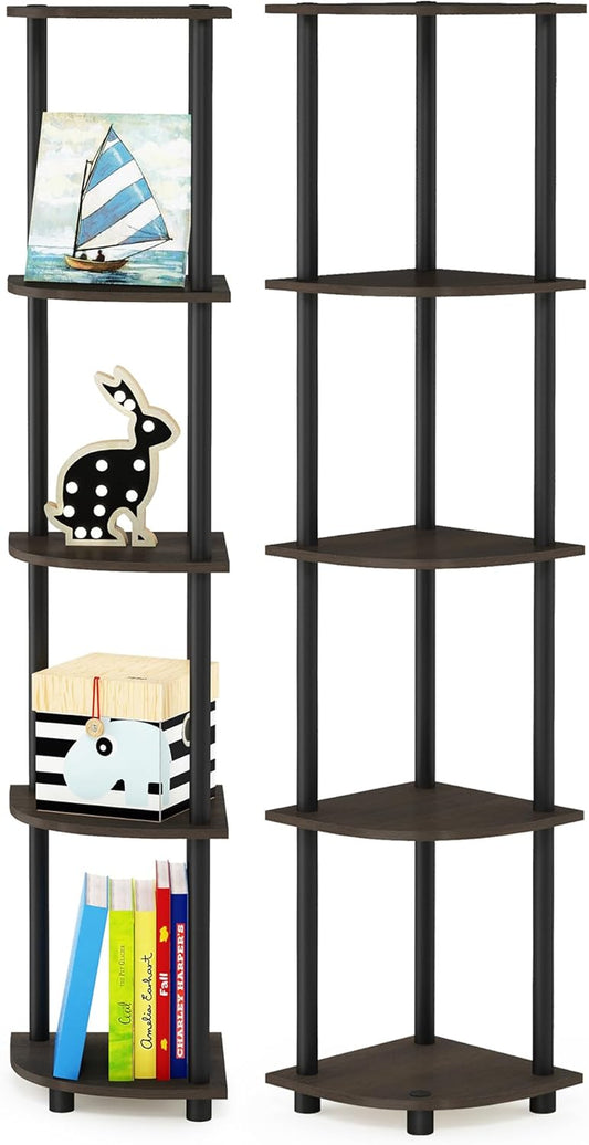 Furinno TURN-N-TUBE Corner Shelf Set of 2, 5-Tier Corner Bookshelf, Open Storage Shelves, for Organization and Storage, Living Room, Home Office, Garage, Dark Brown Grain