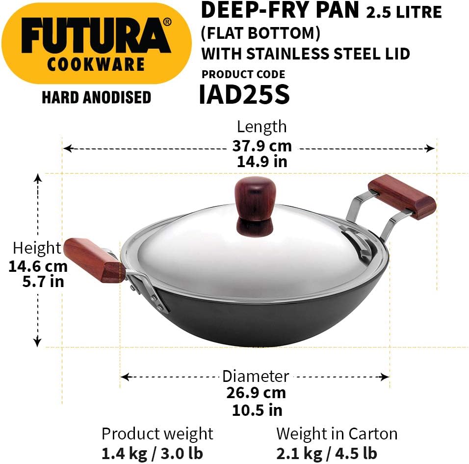 Hawkins Futura 2.5 Litre Deep Fry Pan, Hard Anodised Kadai with Stainless Steel Lid, Flat Bottom Induction Kadhai, Black (IAD25S)