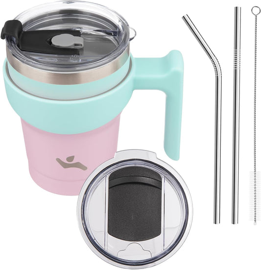 10 oz Tumbler with Handle and 2 Straw 2 Lid, Insulated Water Bottle Stainless Steel Vacuum Cup Reusable Travel Mug,Gum