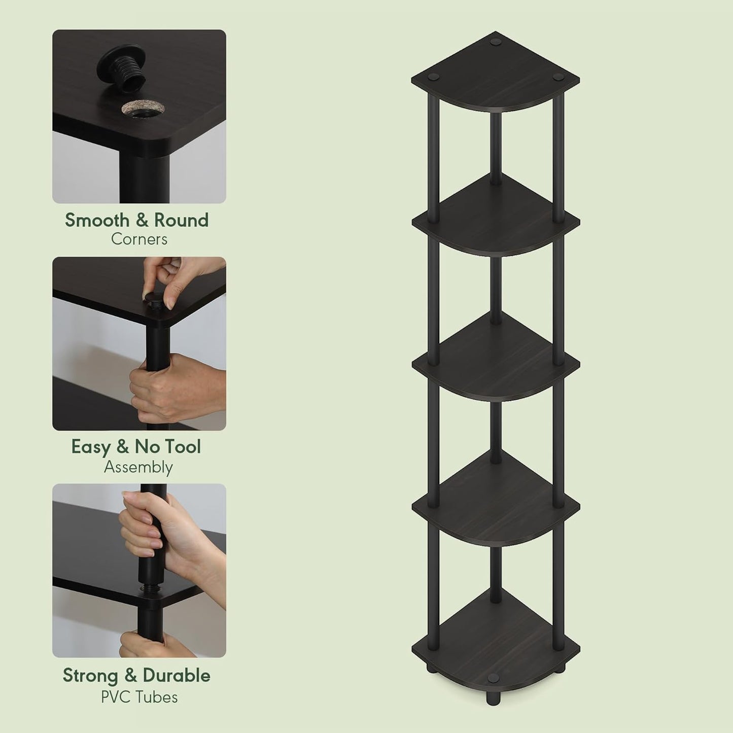 Furinno Turn-N-Tube Corner Shelf, 5-Tier Corner Bookshelf, Open Storage Shelves, for Organization and Storage, Living Room, Home Office, Garage, Bedroom, Black Espresso