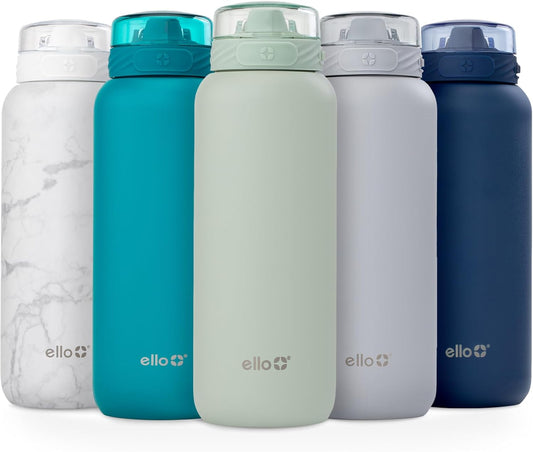 Ello Cooper 32oz Stainless Steel Water Bottle with Straw and Carry Handle, Double Walled and Vacuum Insulated Metal, Leak Proof Locking Lid with Soft Silicone Spout, Reusable, BPA Free, Sage