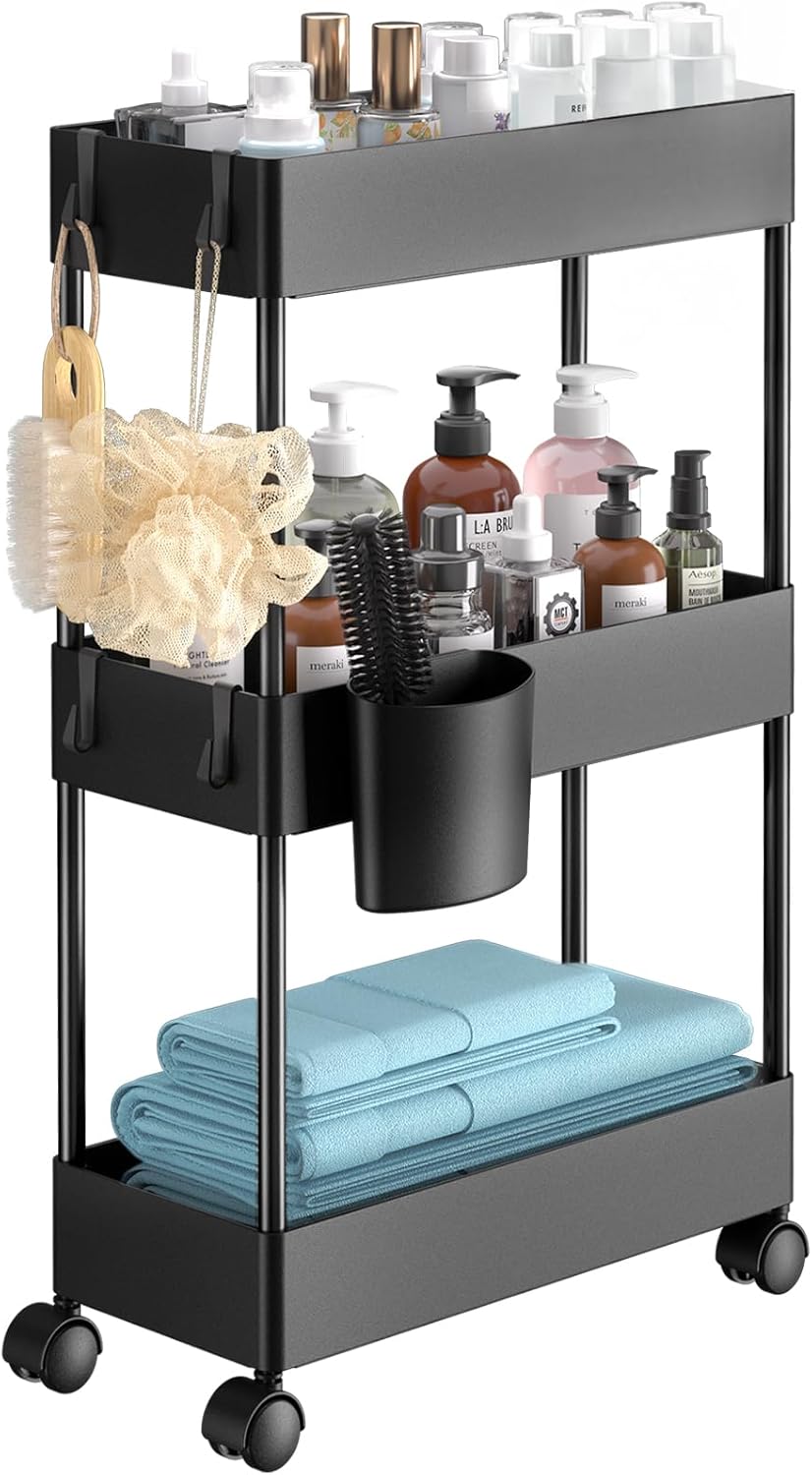 Pipishell Slim Storage Cart with Wheels - 3 Tier Bathroom Organizers and Storage Cart - Rolling Carts for Bathroom, Kitchen, Narrow Space, Laundry Room,Black