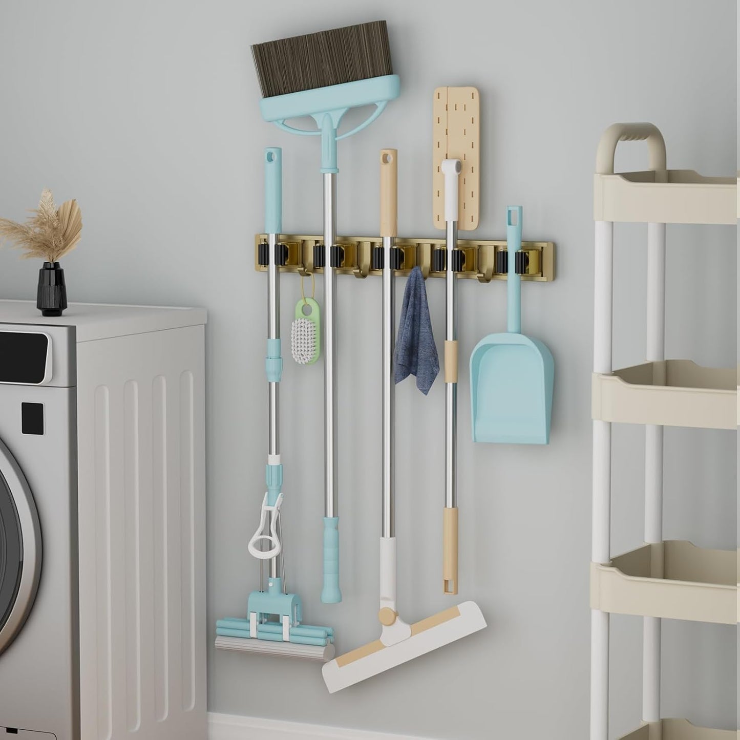 reliahom Broom Holder Wall Mount Mop and Broom Hanger Wall Mounted Garage Storage Rack Kitchen Garden Tool Organizer (5 Racks with 4 Hooks, Bronze)