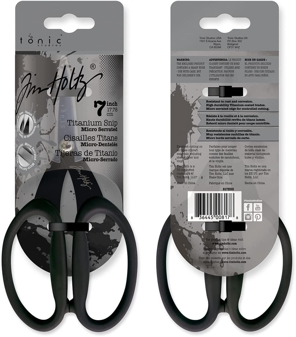 Tim Holtz Small Titanium Scissors - 7 Inch Mini Snips with Micro Serrated Blade - Non Stick Craft Tool for Cutting Paper, Fabric, and Sewing - Black Comfort Grip Handles