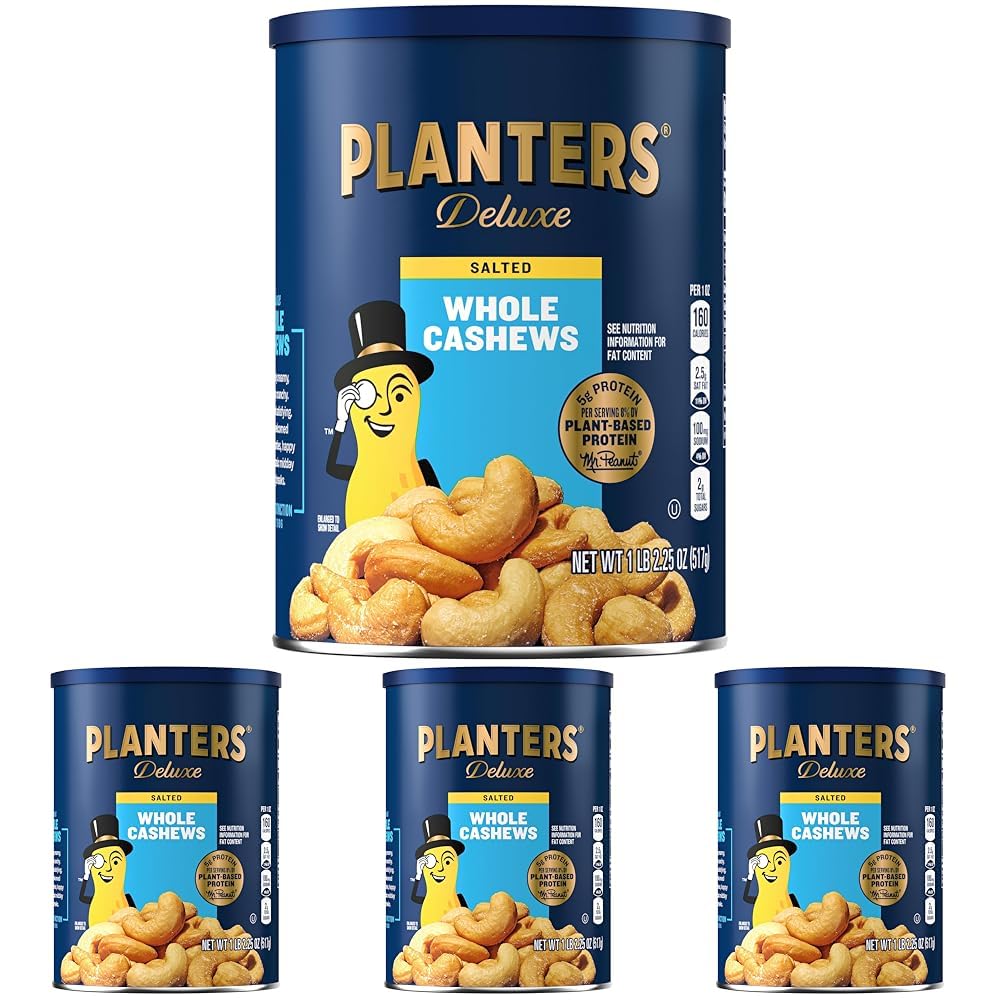 PLANTERS Deluxe Salted Whole Cashews, Party Snacks, Plant-Based Protein, Quick Snack for Adults, After School Snack, Roasted Cashew Flavored with Sea Salt, Bulk Nuts, Kosher, 1 lb 2.25oz Canister