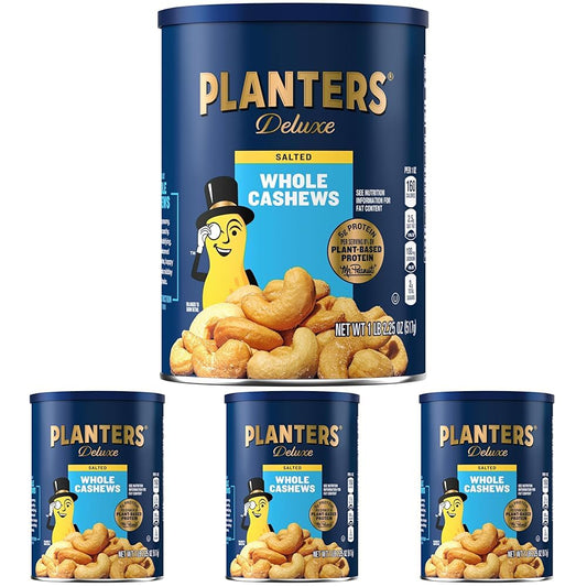 PLANTERS Deluxe Salted Whole Cashews, Party Snacks, Plant-Based Protein, Quick Snack for Adults, After School Snack, Roasted Cashew Flavored with Sea Salt, Bulk Nuts, Kosher, 1 lb 2.25oz Canister