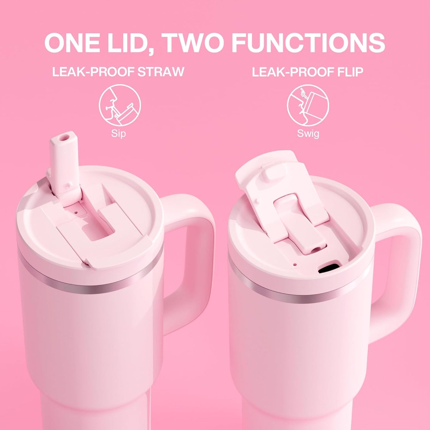 32 oz Tumbler with Handle and Straw: Stainless Steel Insulated Tumbler Keeps Cold for 24 Hours, Leakproof Travel Cup Fits in Cup Holder and BPA-Free, Cotton Candy