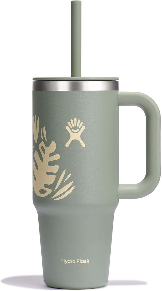 Hydro Flask Travel Tumbler with Handle, Lid and Straw - Insulated Stainless Steel in 24 Oz Botanical Bliss Agave