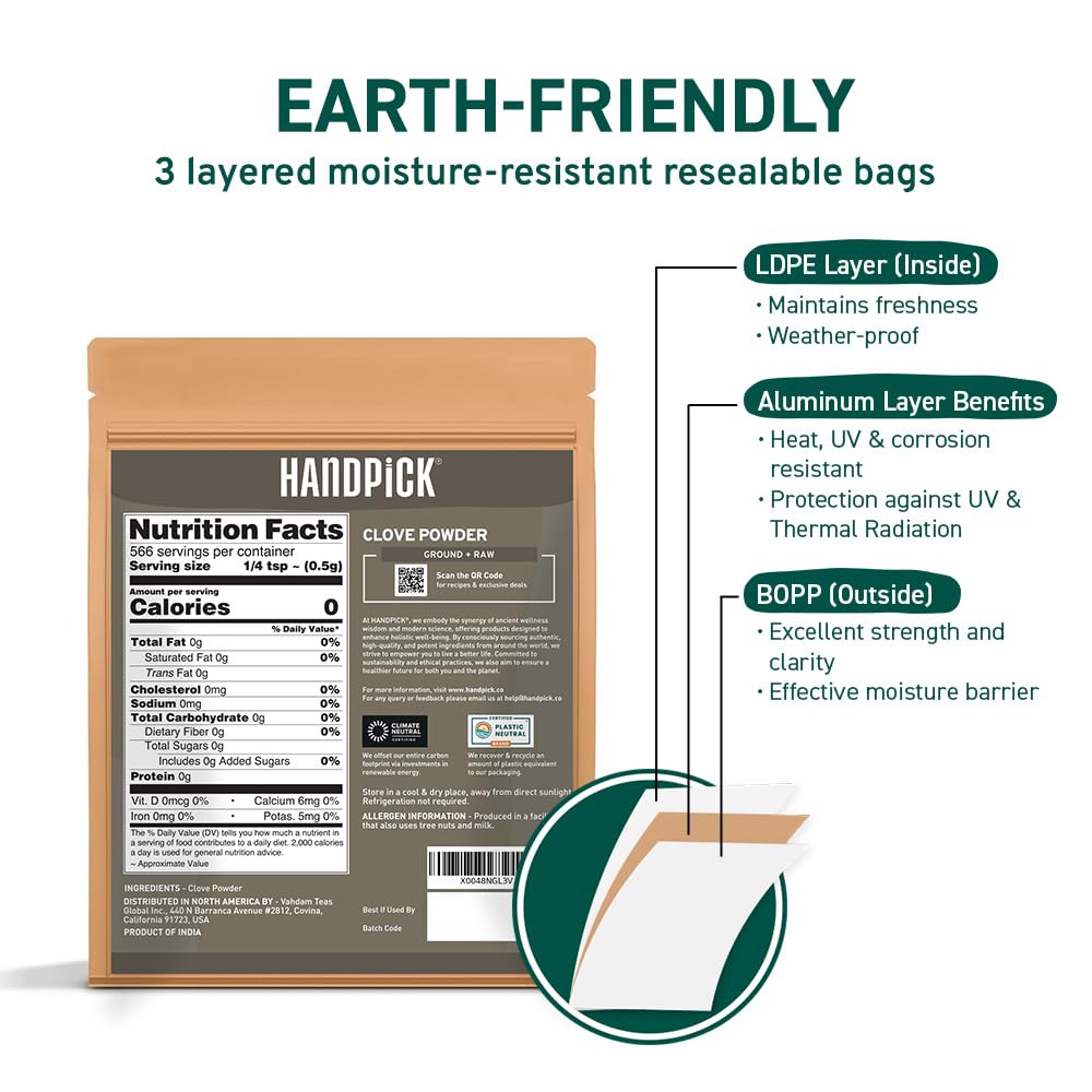 HANDPICK Ground Cloves (283g/10oz), Gluten free, Sourced from India, For Cooking, Smoothies, Tea, Packed in Resealable Zip Lock Pouch