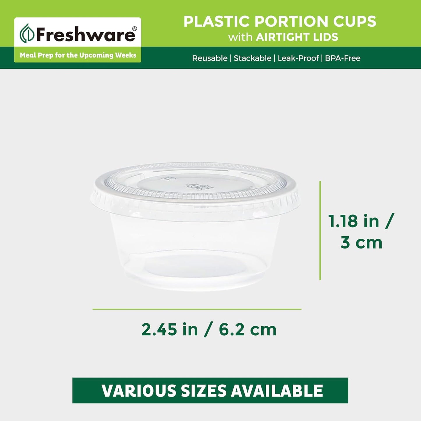 Freshware Plastic Portion Cups with Lids [2 Ounce, 100 Sets] Disposable Plastic Cups for Meal Prep, Salad Dressing, Jellos Shot Cups, Souffle Cups, Condiment and Dipping Sauce Cups