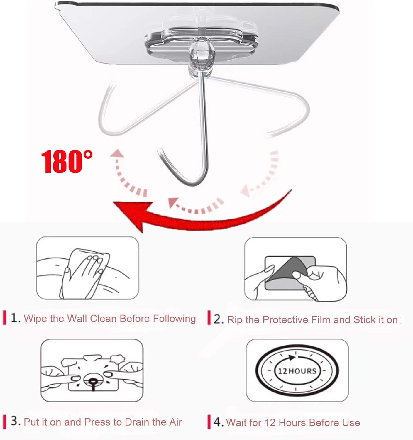 DDMY 24 Packs Hooks for Hanging Wall Hooks Transparent Reusable Waterproof Adhesive Hook for Kitchen Curtain, Towel Hook for Bathrooms, Heavy Duty Self Coat Hook for Walls No Damage