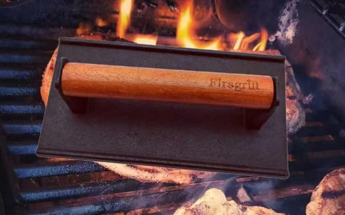 Firsgrill 8.3"×4.3" Heavy-duty Cast Iron Grill Burger Press and Meat Steak with Wood Handle for Blackstone Camp Chef Pitboss Weber Griddle Grills (Rectangle)