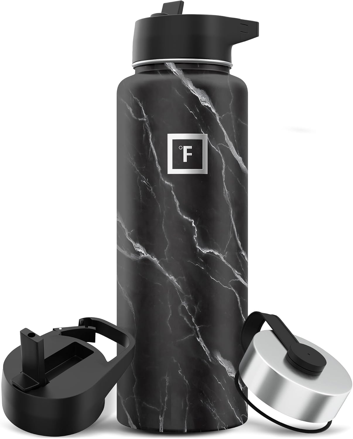 IRON °FLASK Camping & Hiking Hydration Flask with Straw, Wide Mouth Insulated Stainless Steel Sports Water Bottle - 40 oz Black Marquina