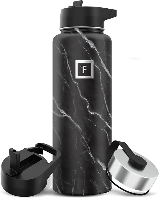 IRON °FLASK Camping & Hiking Hydration Flask with Straw, Wide Mouth Insulated Stainless Steel Sports Water Bottle - 40 oz Black Marquina