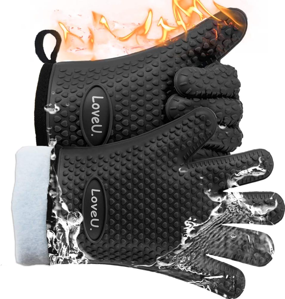 Kitchen Oven Gloves - Dual-Layer Heat Resistant Grilling Gloves, Silicone Oven Mitts with 5 Fingers, Waterproof Non-Slip Pot Holder for Barbecue, Cooking, Baking (Black)