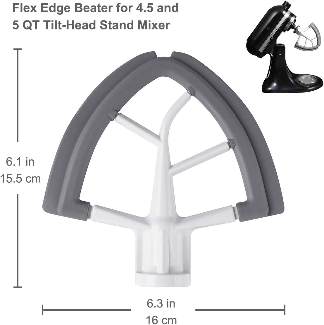 Flex Edge Beater for KitchenAid Tilt-Head Stand Mixer, 4.5-5 Quart Flat Beater Paddle with Flexible Silicone Edges Bowl Scraper, White
