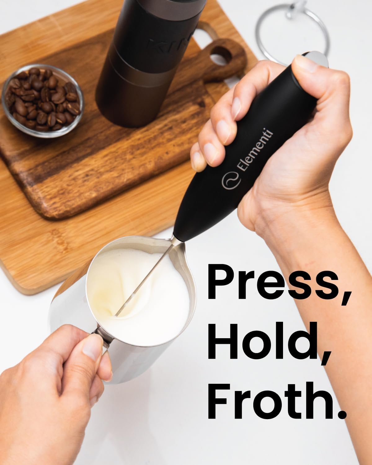 Elementi Electric Milk Frother Handheld - Make Creamy Lattes, Delicious Cappuccinos and Perfect Drinks - Compact Mixer & Coffee Stirrer with Whisk (White)