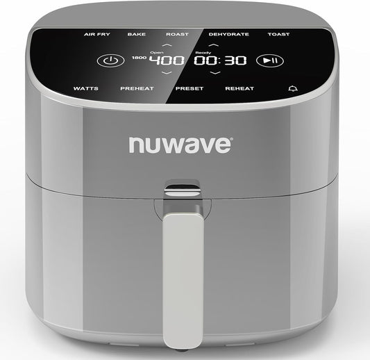 Nuwave Brio Plus 8 Qt Air Fryer, PFAS Free, New & Improved, Digital Touch Screen, Cool White Display, 50°F~400°F in Precise 5°, 5 Cook Functions, 100 Presets & 50 Memory, 3 Wattages 700, 1500, 1800