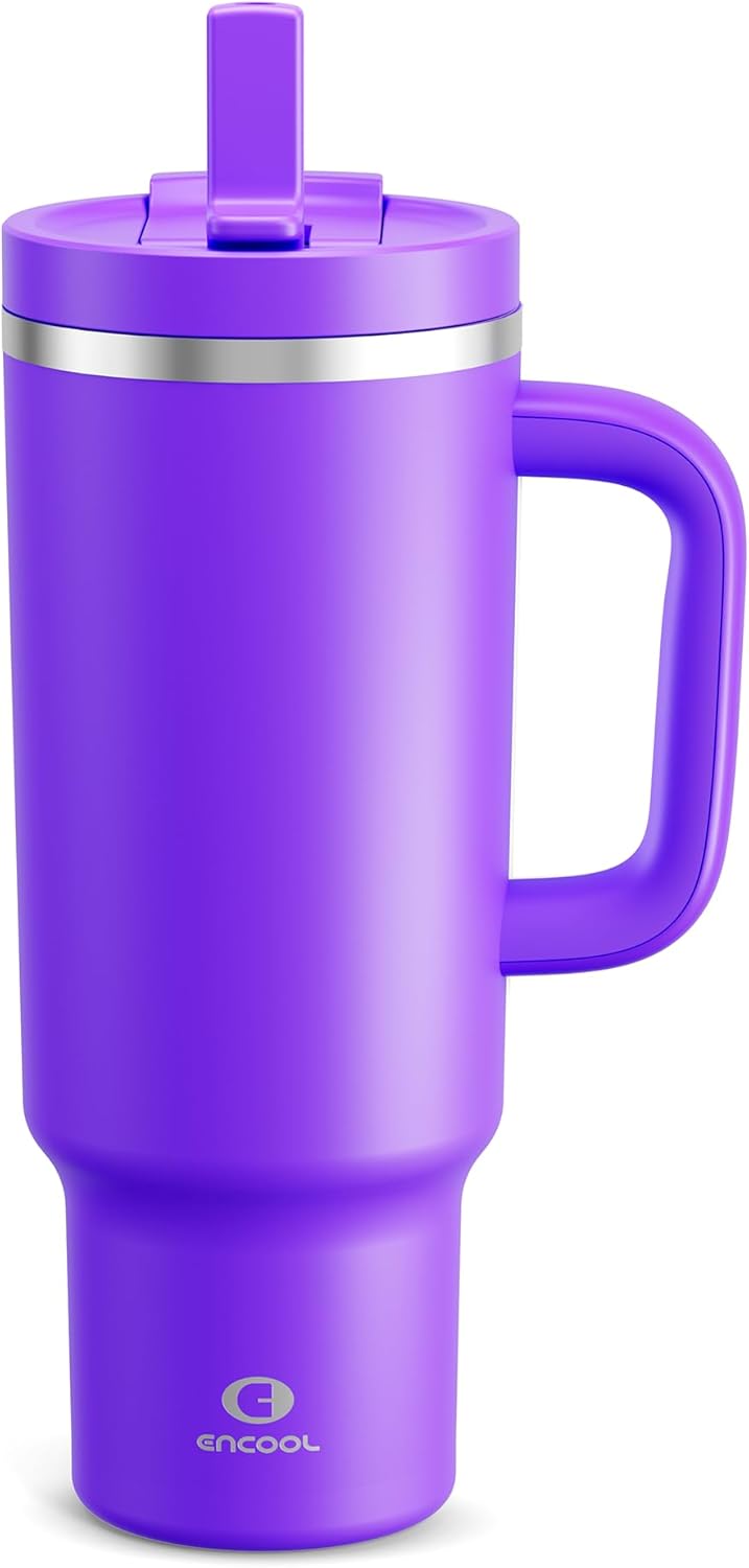 40 oz Tumbler with Handle and Straw: Stainless Steel Insulated Tumbler Keeps Cold for 24 Hours, Leakproof Travel Cup Fits in Cup Holder and BPA-Free,Violet
