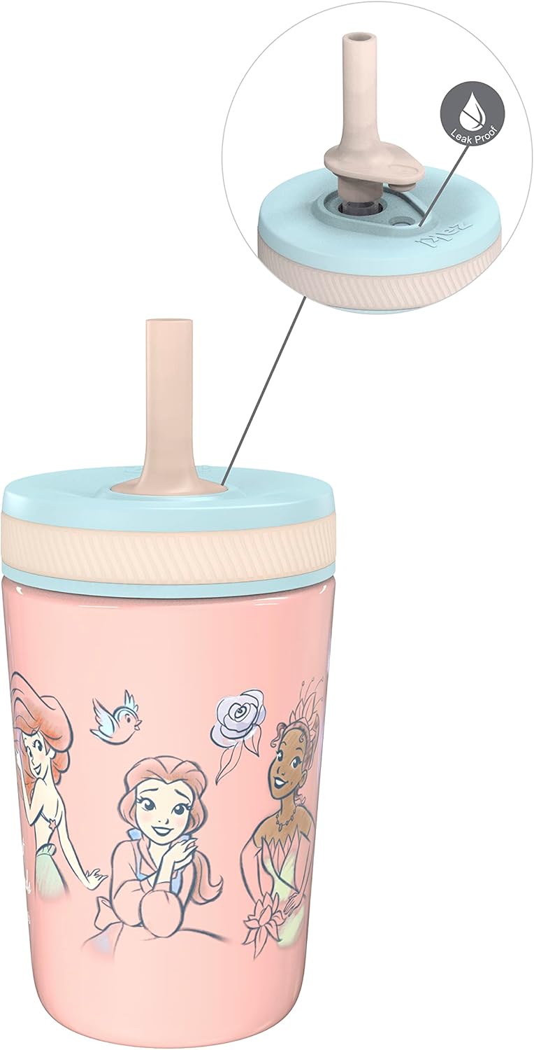 Zak Designs Disney Princess Kelso Toddler Cups For Travel or At Home, 12oz Vacuum Insulated Stainless Steel Sippy Cup With Leak-Proof Design For Kids (Ariel, Belle, Cinderella, Mulan, Tiana)