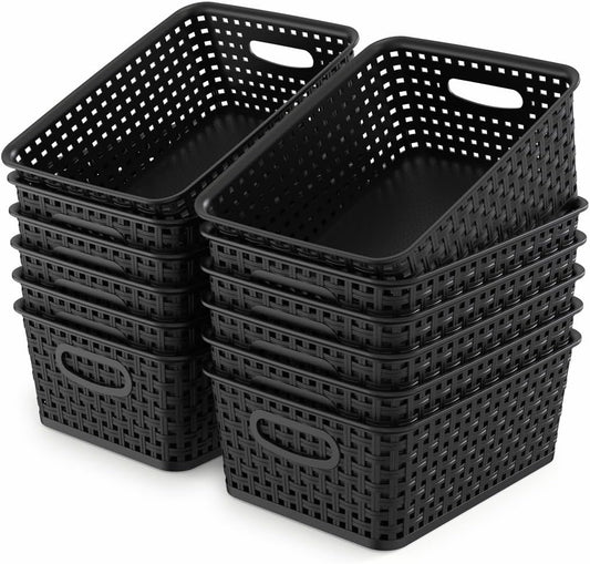 WYT 12-Pack Plastic Small Shelf Storage Weave Baskets for Organizing, Black