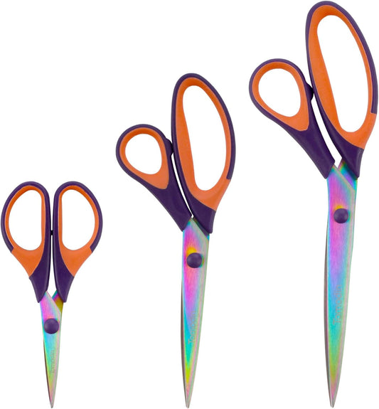 BambooMN Titanium Softgrip Scissors Set for Sewing, Arts, Crafts, Office - Purple w/Orange - 10 Set of 3