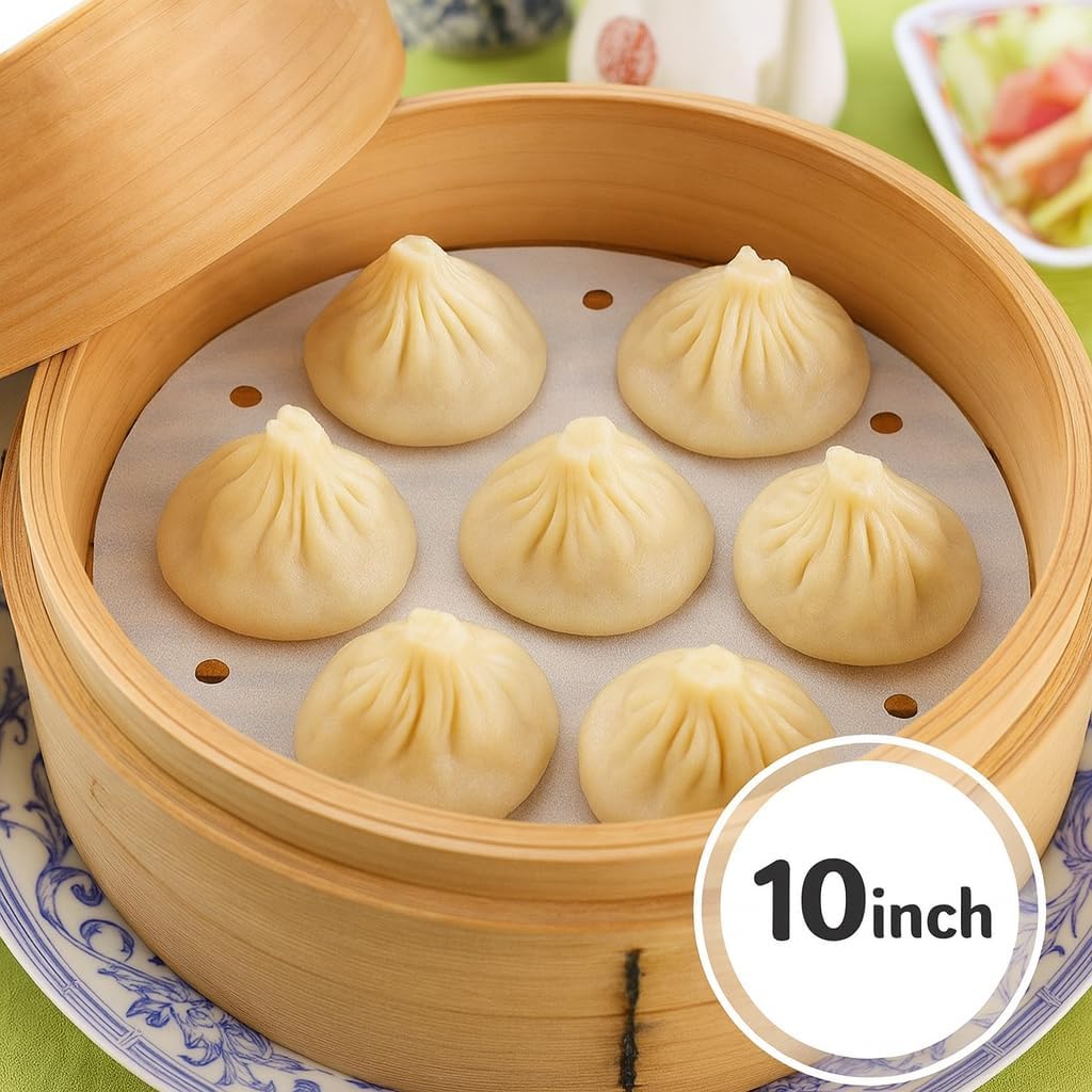 10 Inch Air Fryer Liners, Set of 200, Bamboo Steamer Liners/Dumpling Steamer Paper/Perforated Air Fryer Parchment Paper Sheet for Airfryer, Steaming Basket and More