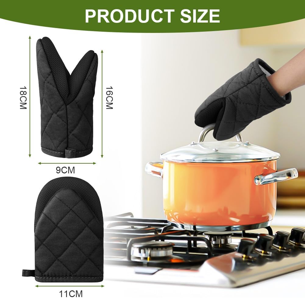 AUAUY Mini Oven Mitts, 2 Count Small Oven Mitt 220℃/428°F Heat Resistant with Non-Slip Surface and Hanging Loop Mits, Kitchen Mittens Oven Mitts, Kitchen Gloves for Oven, Baking and Grilling