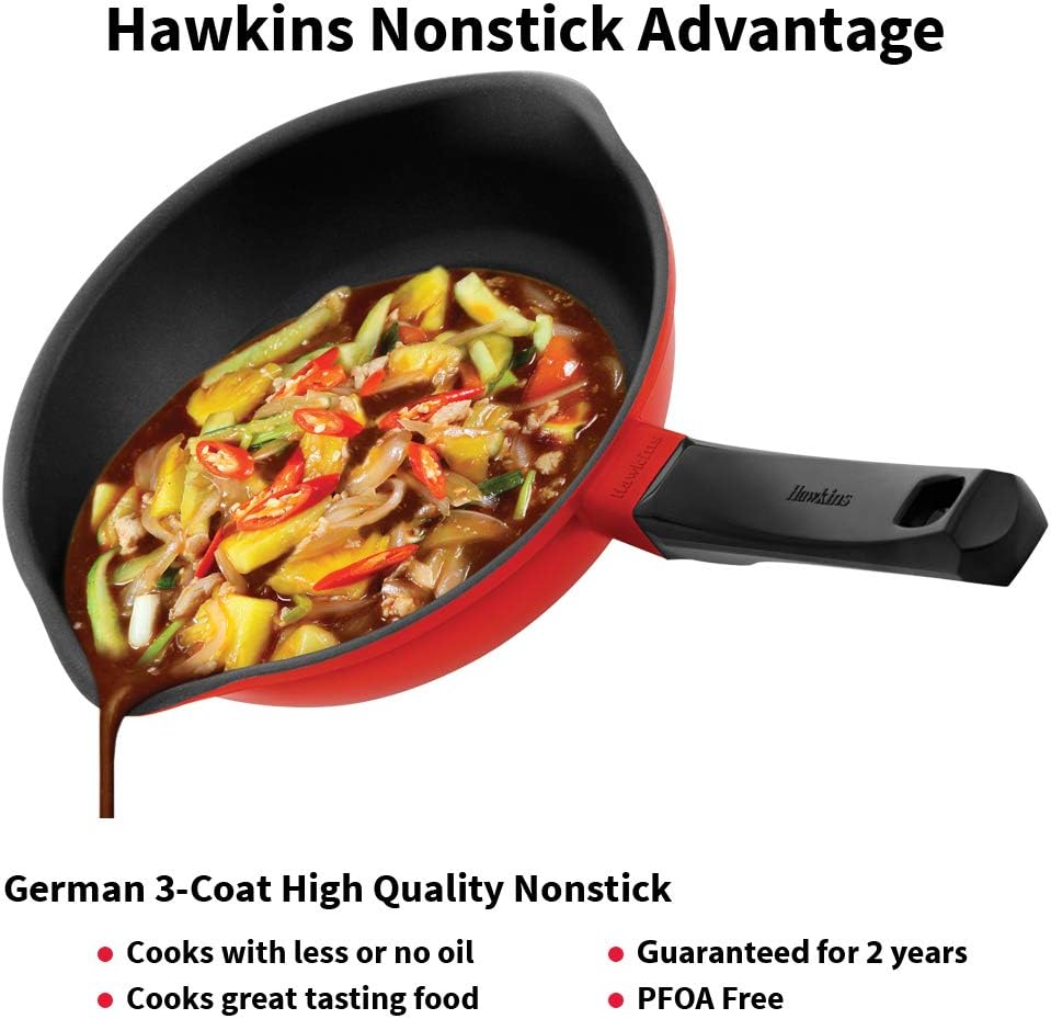 HAWKINS 24 cm Die Cast Induction Compatible Frying Pan with Glass Lid, Red (IDCF24G)