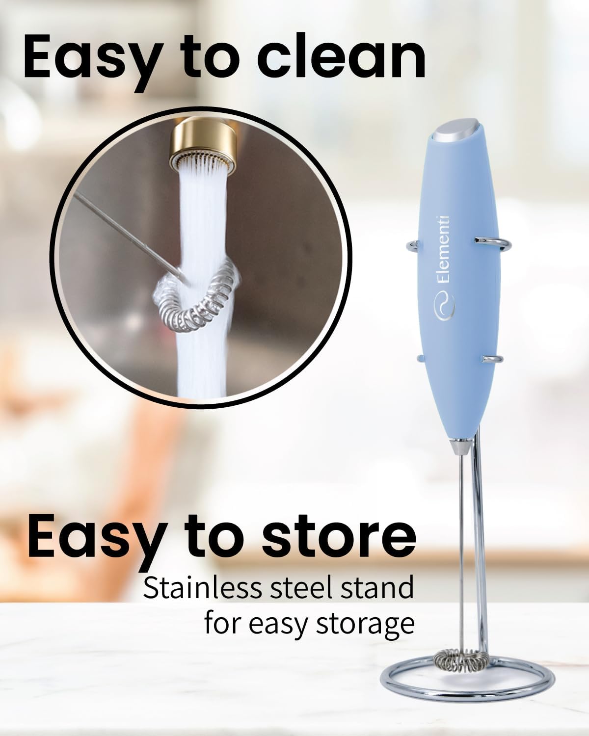 Elementi Electric Milk Frother Handheld - Create Creamy Coffee, Delicious Matcha and Perfect Drinks - Compact Whisk & Mixer with Stand - Light Blue
