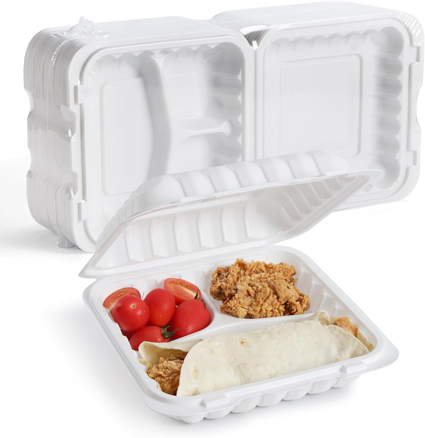 YANGRUI Food Containers 9" 41 oz 100 Pack - Mineral Filled BPA Free Polypropylene Plastic | Shrink Sealed | Reusable Dishwasher Freezer & Microwave Safe | Stackable Design 3 Compartment Takeout Boxes