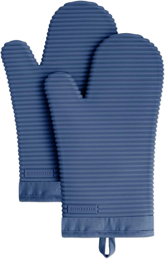 KITCHENAID Ribbed Soft Silicone Oven Mitt 2-Pack Set, 7.5"x13", Blue Willow