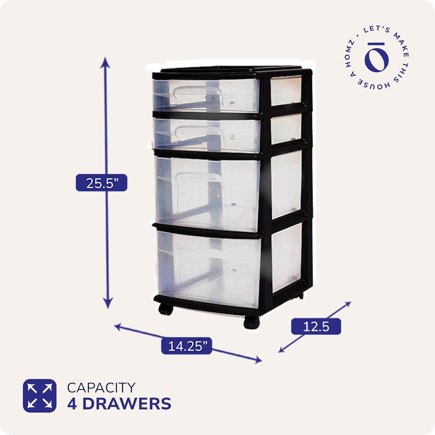 HOMZ Drawer Tower, 4-Tier Clear Plastic Storage Organizer Cart, Black Frame - Multi-Purpose Rolling Drawers with Wheels for Bedroom, Bathroom, and Office Organization