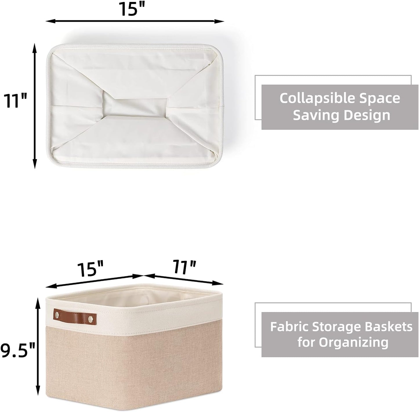 HNZIGE Fabric Storage Baskets for Shelves, Large Collapsible Storage Baskets for Organizing, Decorative Baskets Bins Set with Handles for Closet, Clothes,Home (3 Pack, White&Khaki,15" x 11" x 9.5")