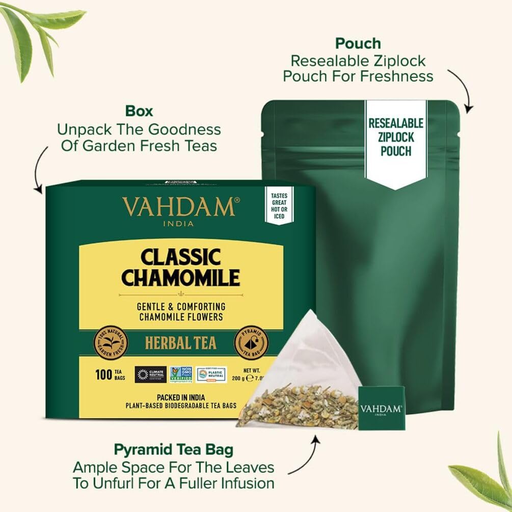VAHDAM, Chamomile Herbal Tea (100 Pyramid Tea Bags) Resealable Ziplock Pouch | Caffeine Free, Non GMO, Gluten Free | 100% Pure Tisane - Sweet & Floral | Made With Natural Chamomile Flowers