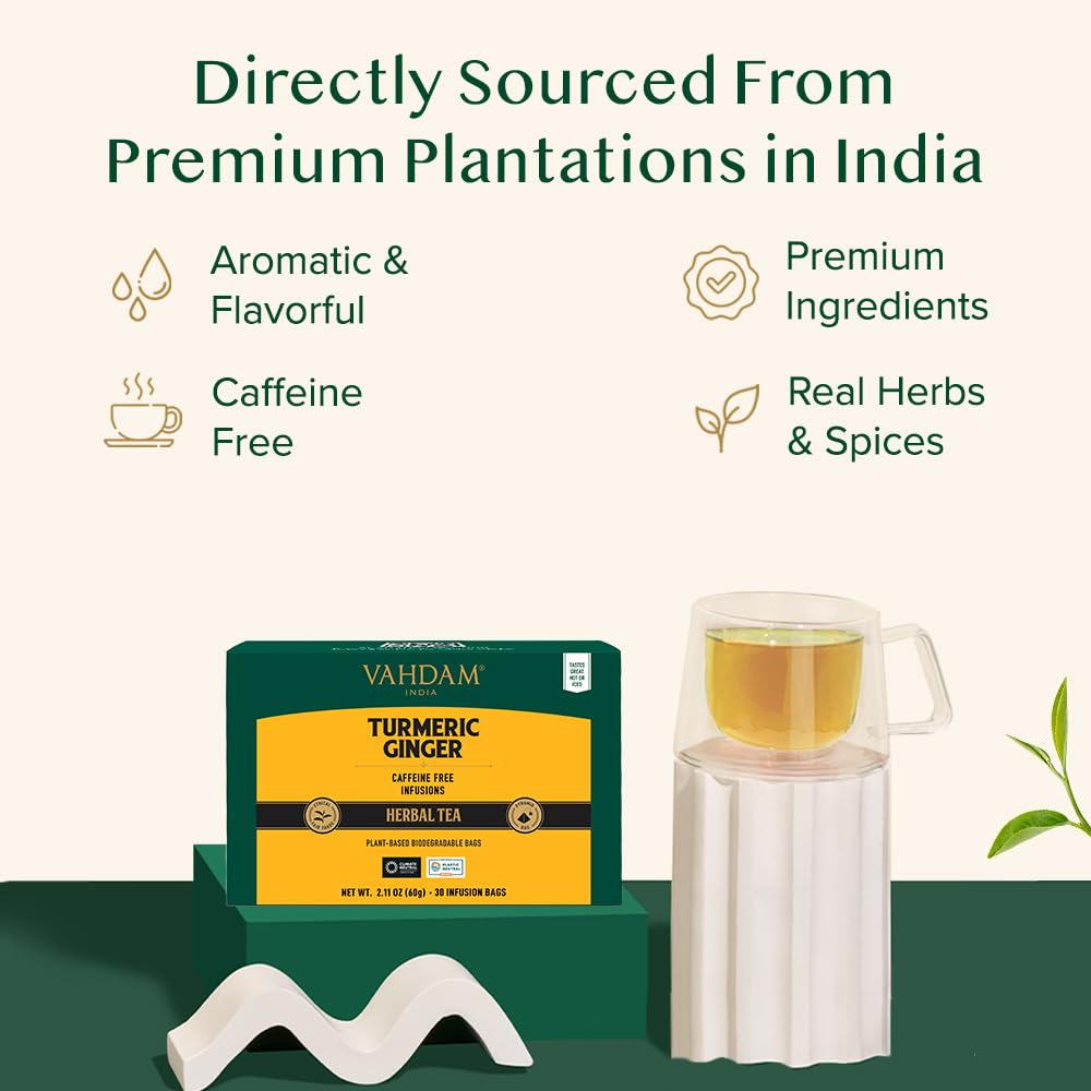 VAHDAM, Turmeric Ginger Herbal Tea Bags (30 Pyramid Tea Bags) Caffeine Free, Non GMO, Gluten Free | 100% Pure Herbal Blend - Savory & Spicy | Individually Wrapped Pyramid Tea Bags | Direct from Source