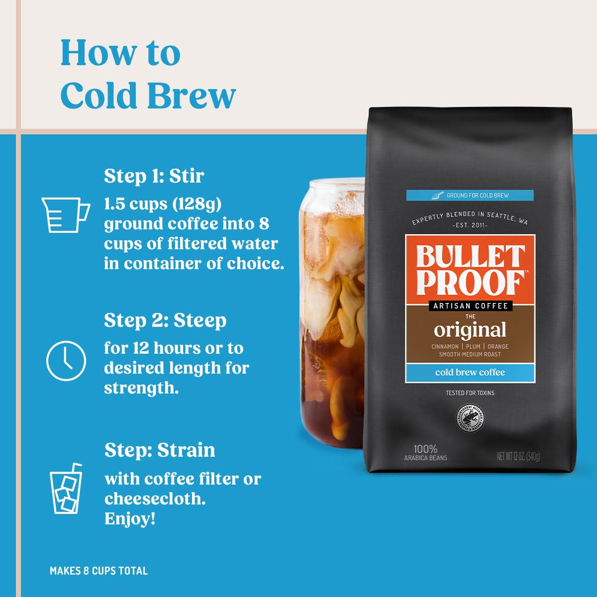 Bulletproof Original Medium Roast Coarse Ground Cold Brew Coffee, 12 Ounces, Clean and Tested for Toxins, Smooth Artisan Coffee Ground for Cold Brew Iced Coffee