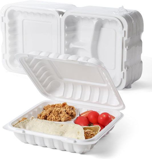 YANGRUI Food Containers 7.8" 30 oz 65 Pack - Shrink Wrap Mineral Filled BPA Free PP Plastic | Heavy Duty Microwave Safe | Individual Portion 3 Compartment | Restaurant White Takeout container