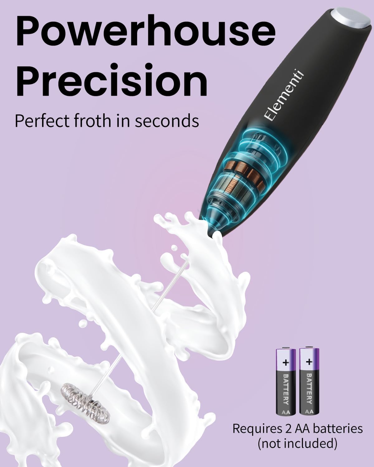 Elementi Electric Milk Frother Handheld - Make Creamy Lattes, Delicious Cappuccinos and Perfect Drinks - Compact Mixer & Coffee Stirrer with Whisk (White)