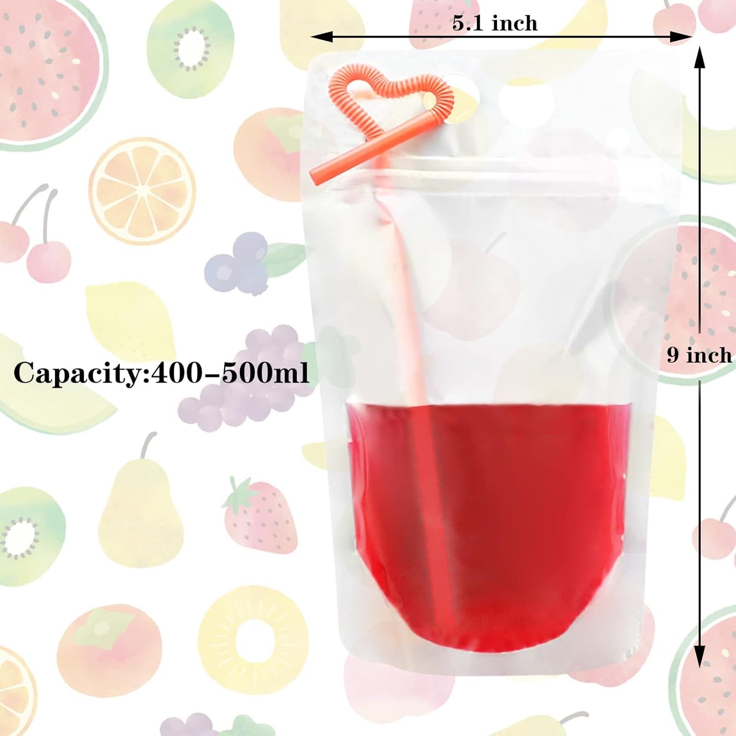 50 Pcs Drink Pouches, Juice Pouches for Adults, Reusable, Reclosable Zipper Smoothie Bags for Cold & Hot Drinks with 50 Straws & Silicone Funnel