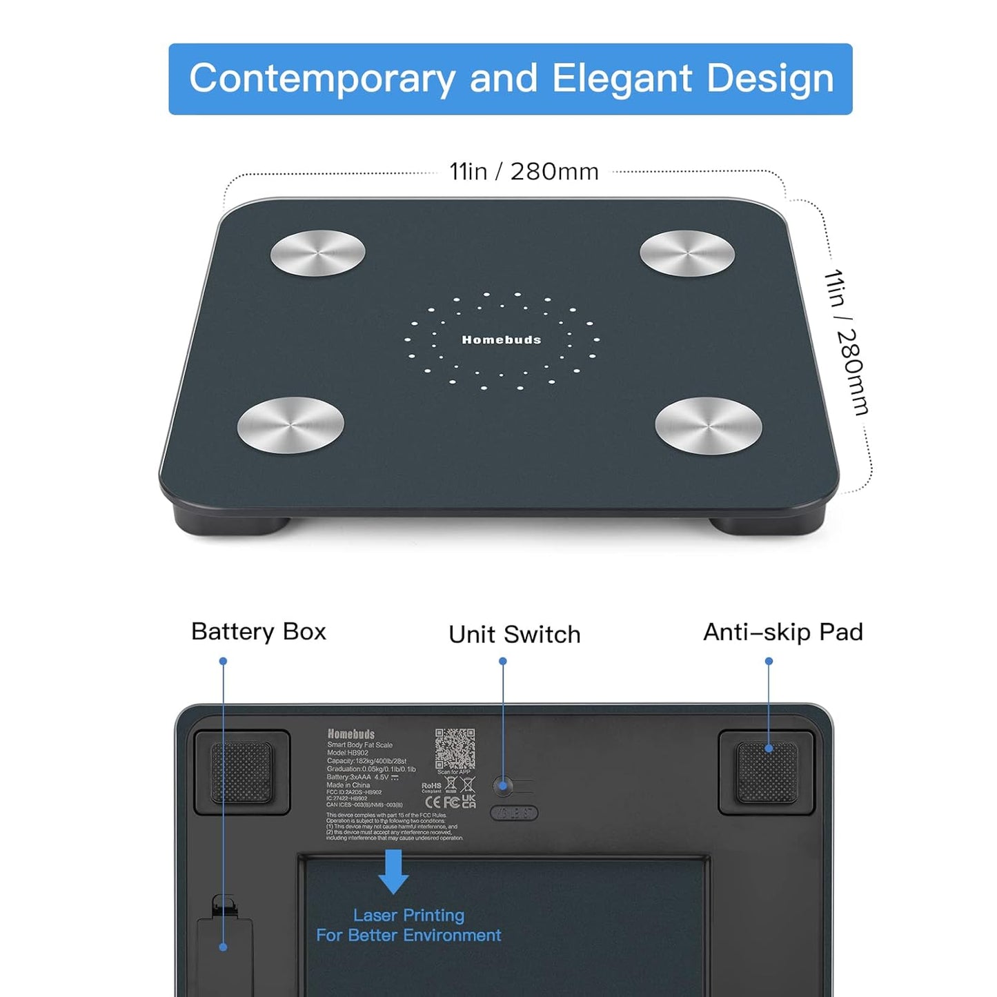 Homebuds Digital Bathroom Scale for Body Weight and Fat, Weighing Professional Since 2001, Body Composition Monitor for BMI Fat Water Muscle with App, 400lb, Blue